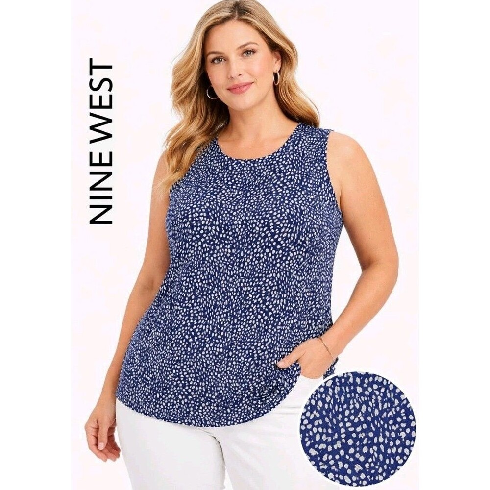 NINE WEST Women XXL Soft Spun Abstract Dots Sleeveless Stretch Tank Top Navy Tan